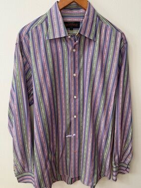 Dragonfly Shirt XL Multicolor Striped Button Down Cotton Retro
